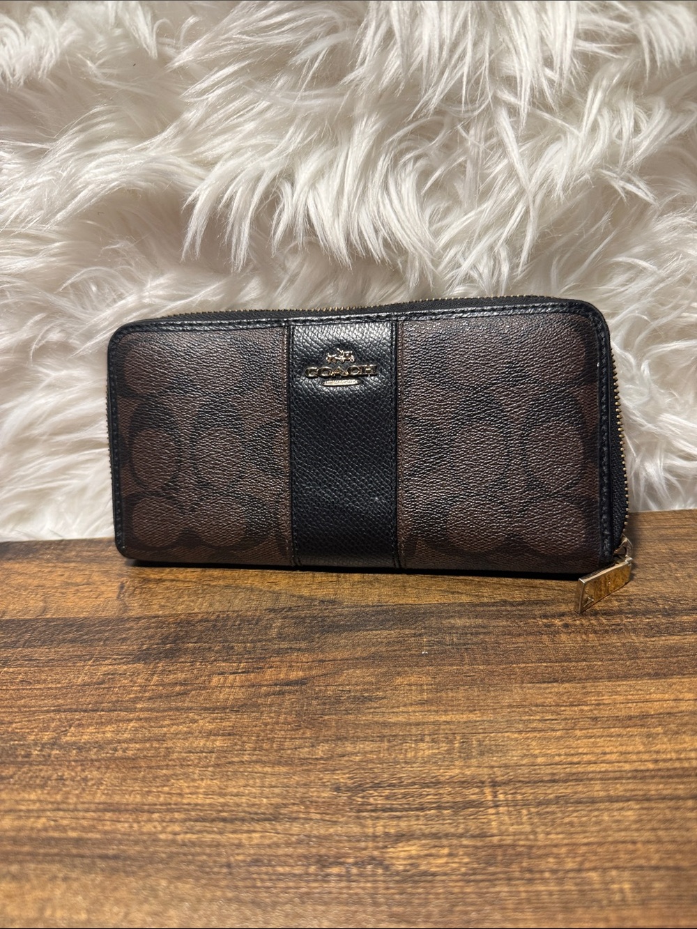 Coach Brown and Black Signature Zip Wallet